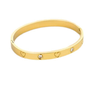 Gold Plated Stainless Steel Bangle with Cubic Zirconia and Engraved Hearts